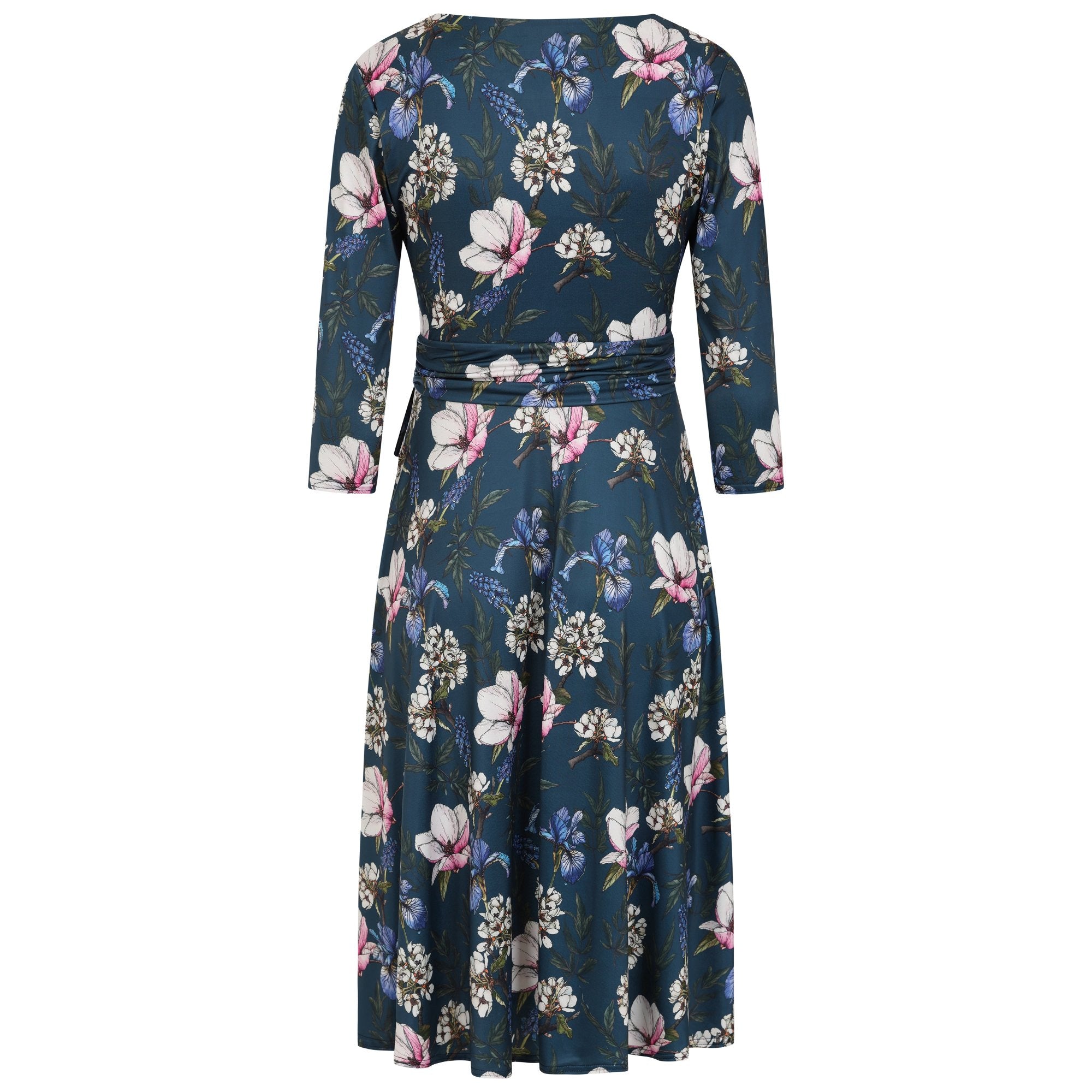 Mid Navy Blue Floral 3/4 Sleeve V Neck Crossover Top Empire Waist Tea Dress