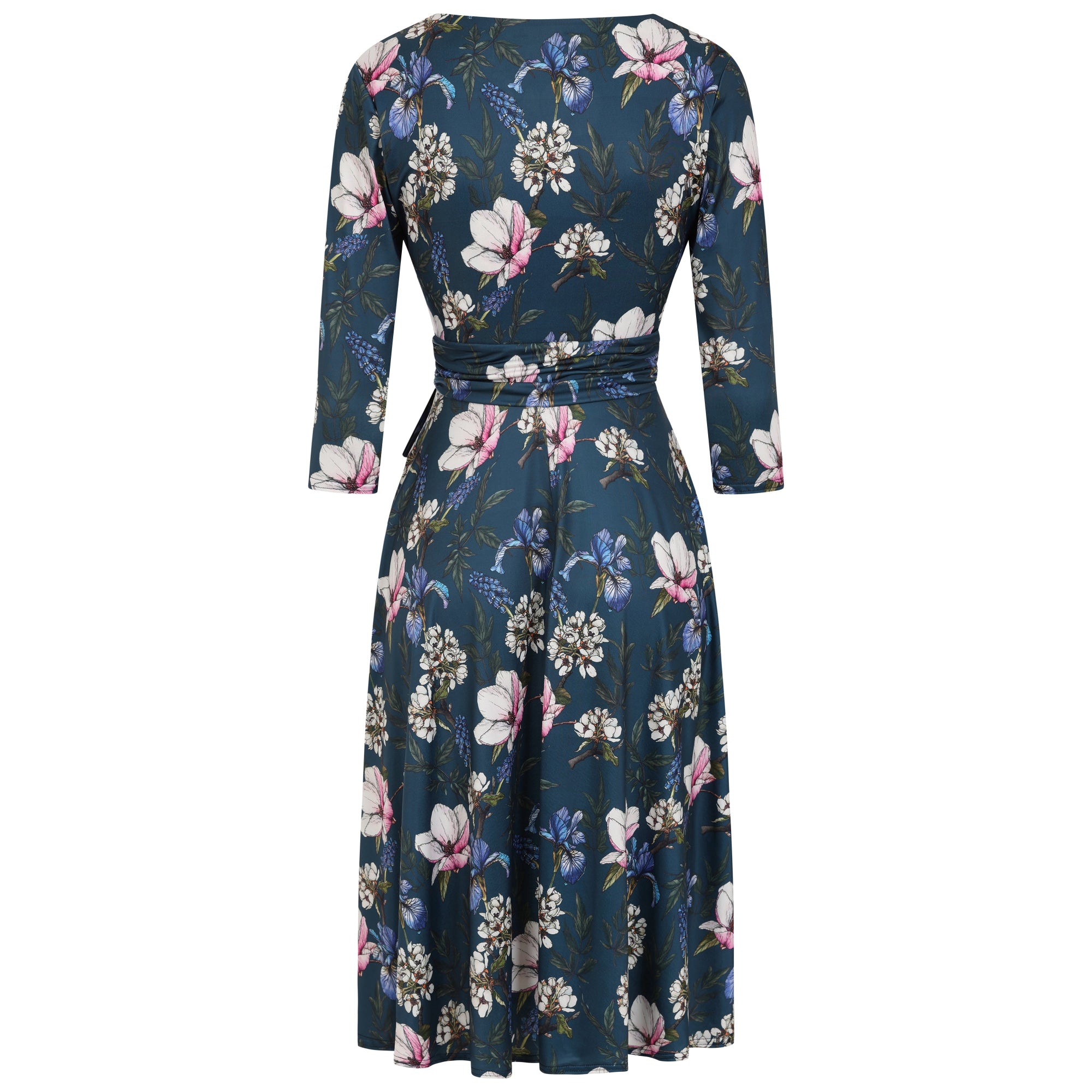 Mid Navy Blue Floral 3/4 Sleeve V Neck Crossover Top Empire Waist Tea Dress