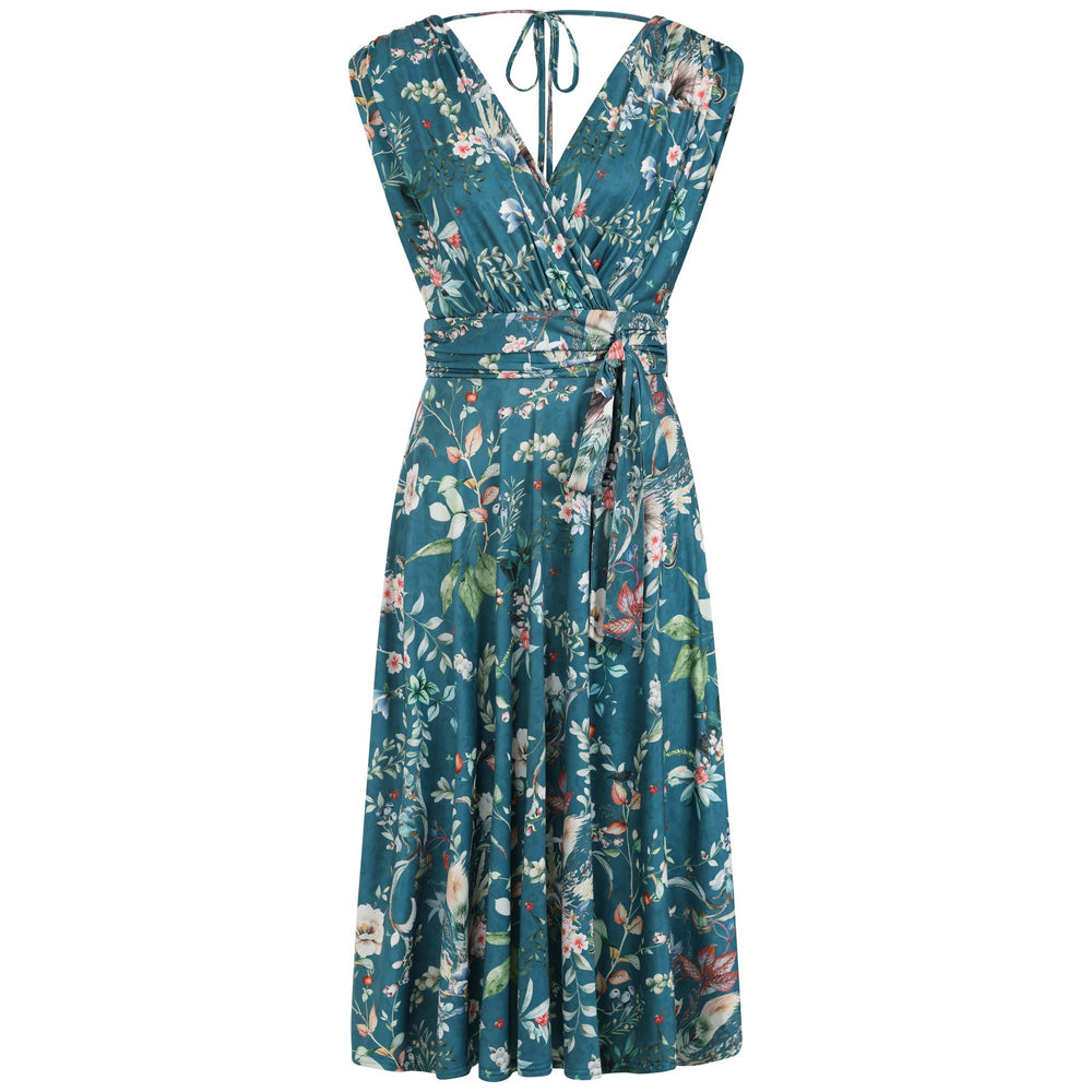 Mid Teal Floral Wildlife V Neck Crossover Top Empire Waist Swing Dress