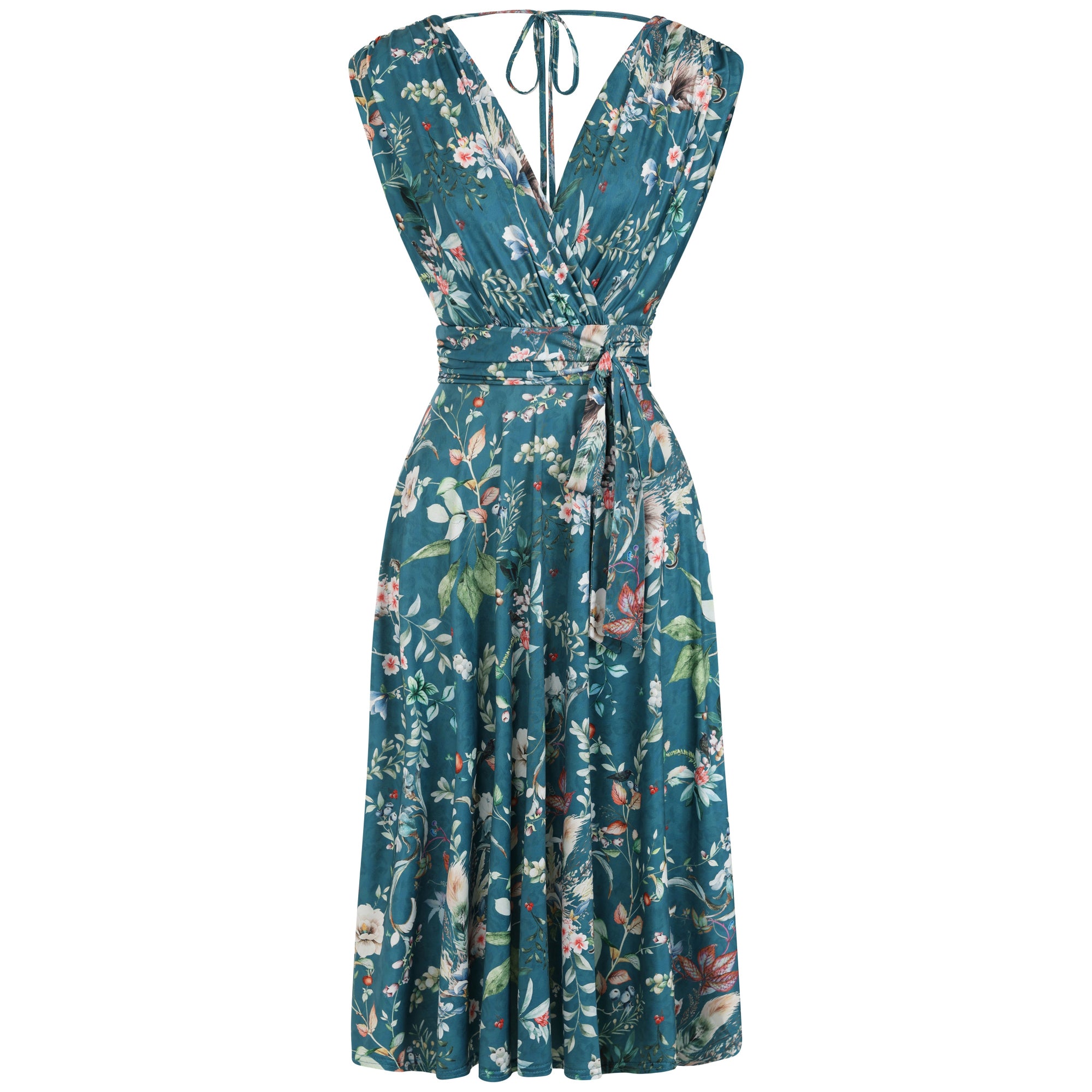 Mid Teal Floral Wildlife V Neck Crossover Top Empire Waist Swing Dress