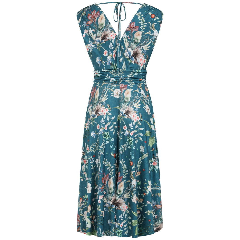 Mid Teal Floral Wildlife V Neck Crossover Top Empire Waist Swing Dress