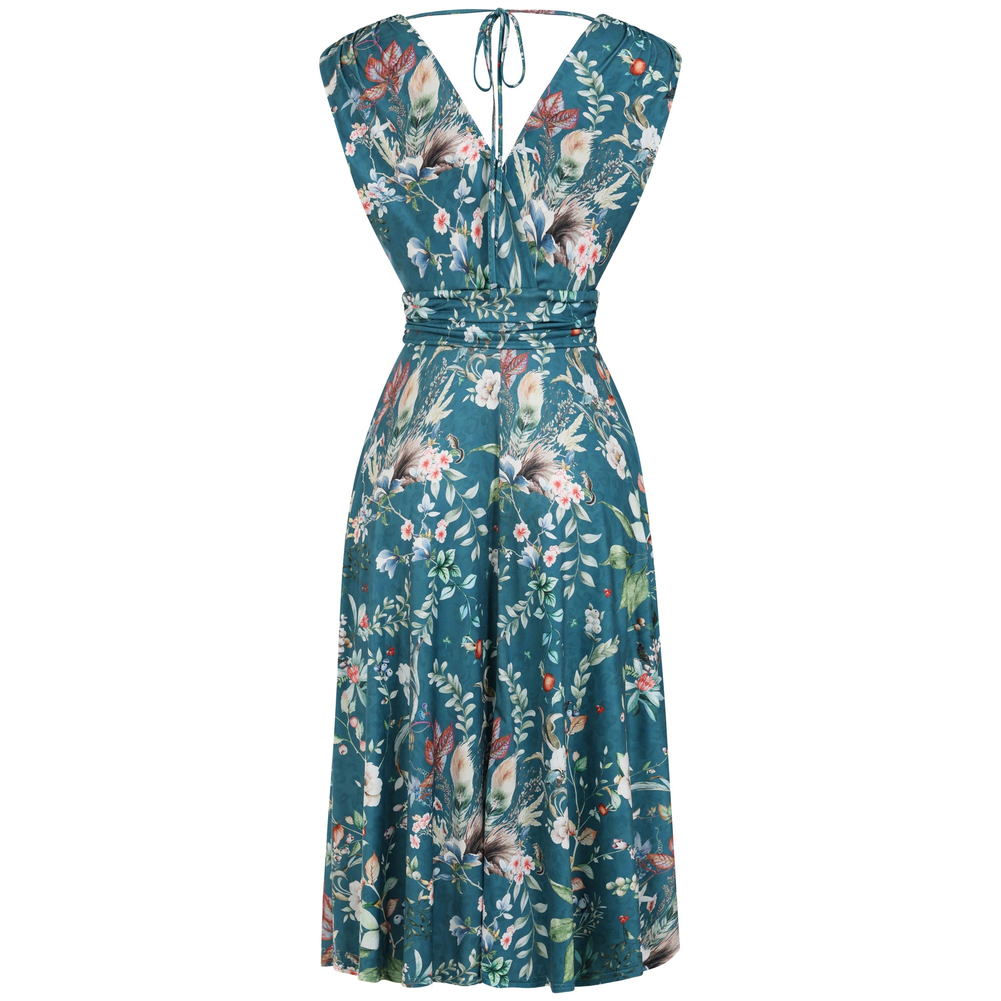 Mid Teal Floral Wildlife V Neck Crossover Top Empire Waist Swing Dress