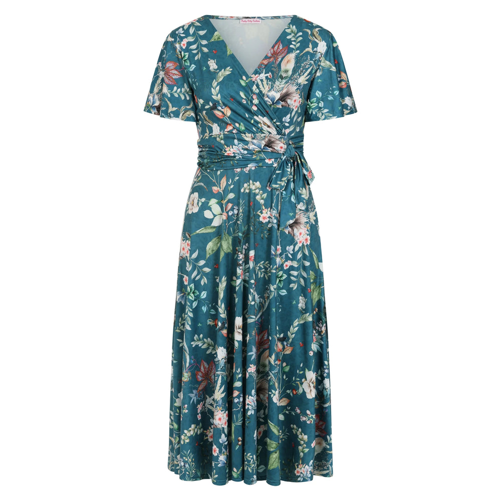 Teal Green Floral Wildlife Print Cap Sleeve V Neck Wrap Top Swing Dress