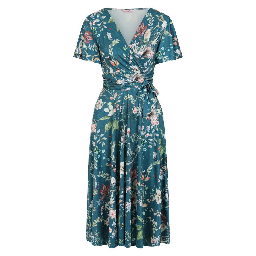 Teal Green Floral Wildlife Print Cap Sleeve V Neck Wrap Top Swing Dress