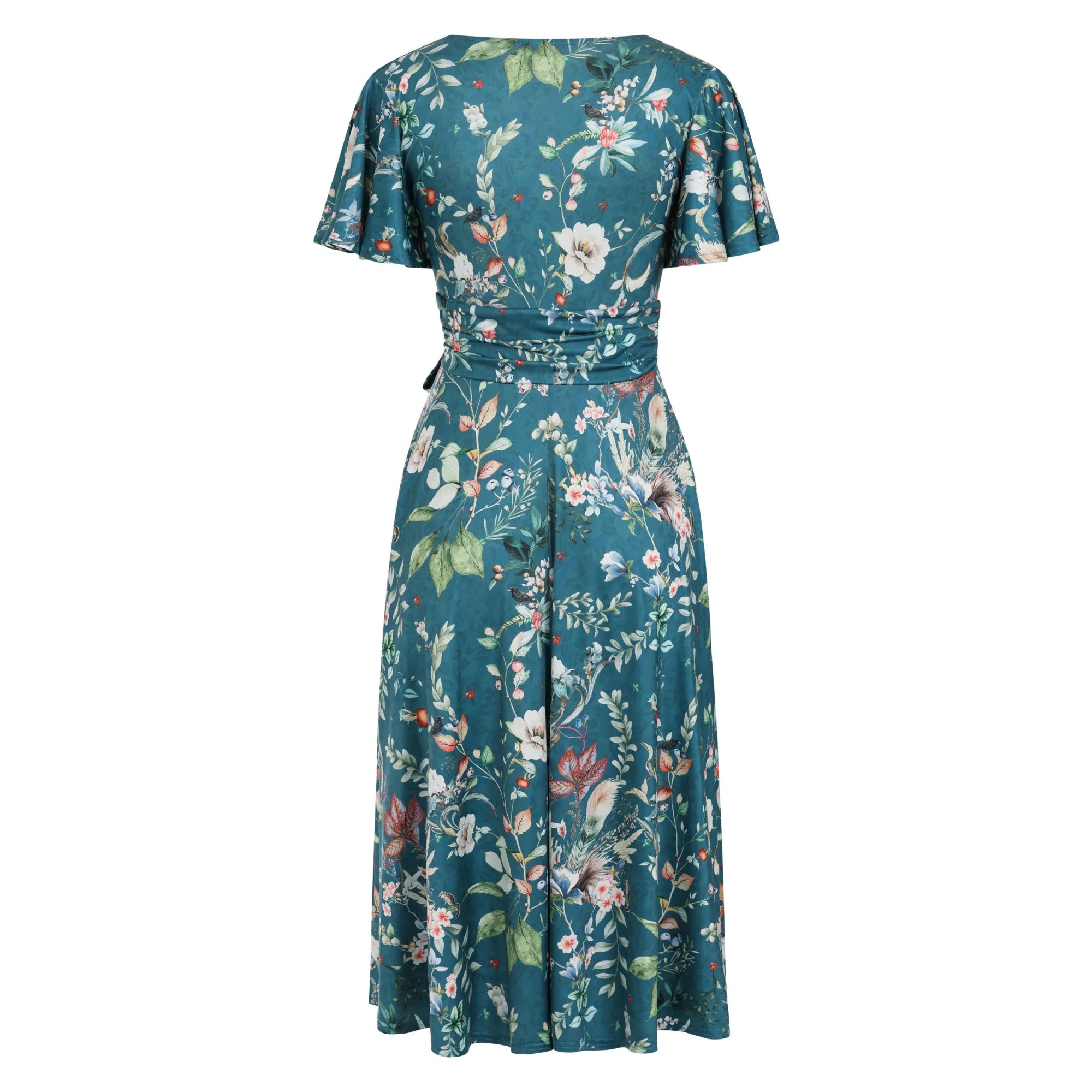 Teal Green Floral Wildlife Print Cap Sleeve V Neck Wrap Top Swing Dress