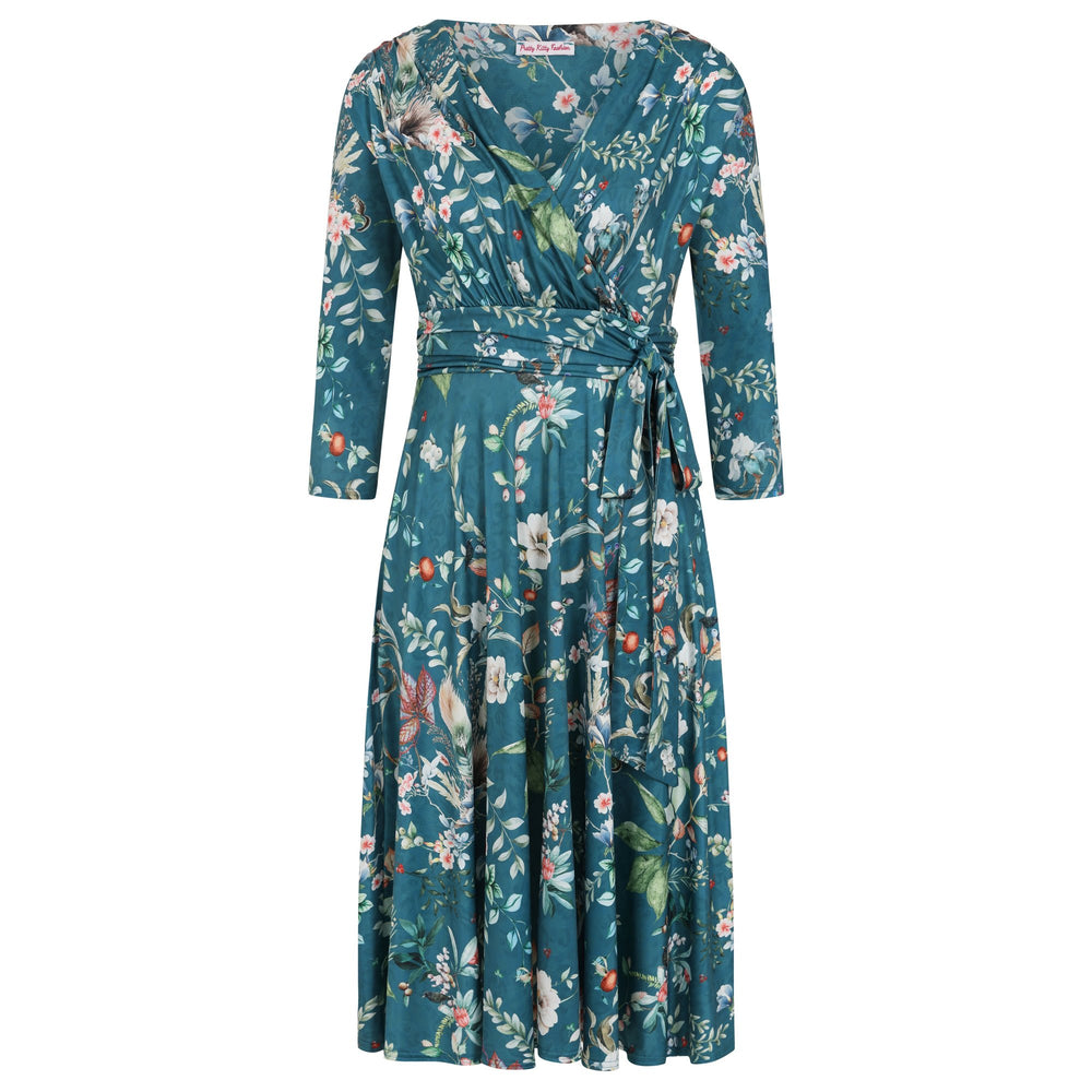 Mid Teal Floral 3/4 Sleeve V Neck Crossover Top Empire Waist Tea Dress