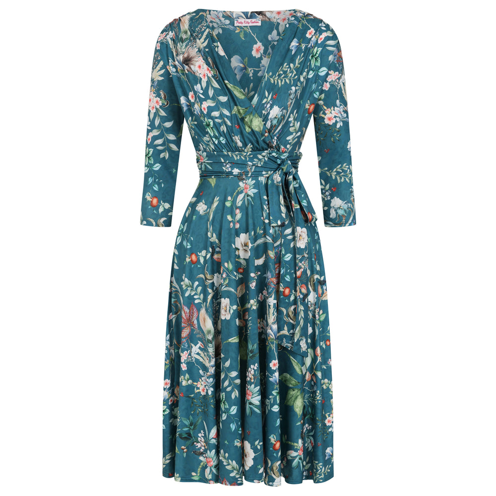 Mid Teal Floral 3/4 Sleeve V Neck Crossover Top Empire Waist Tea Dress