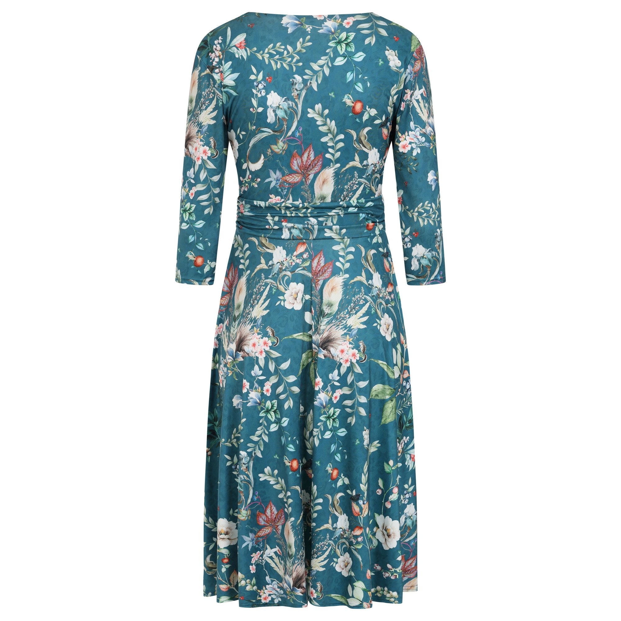 Mid Teal Floral 3/4 Sleeve V Neck Crossover Top Empire Waist Tea Dress