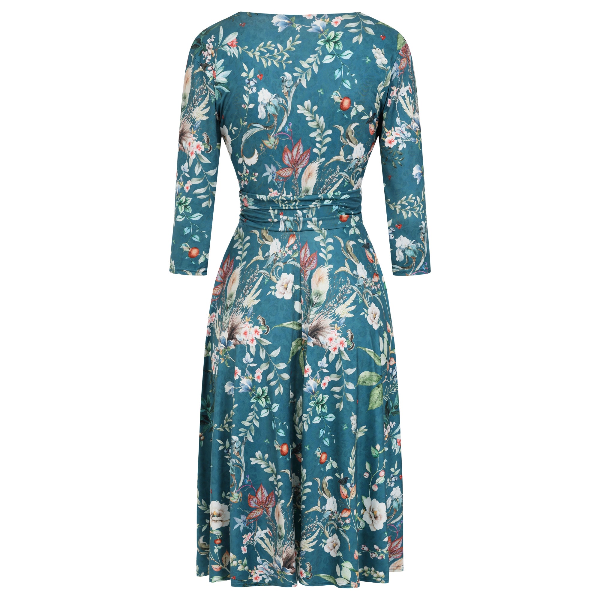 Mid Teal Floral 3/4 Sleeve V Neck Crossover Top Empire Waist Tea Dress