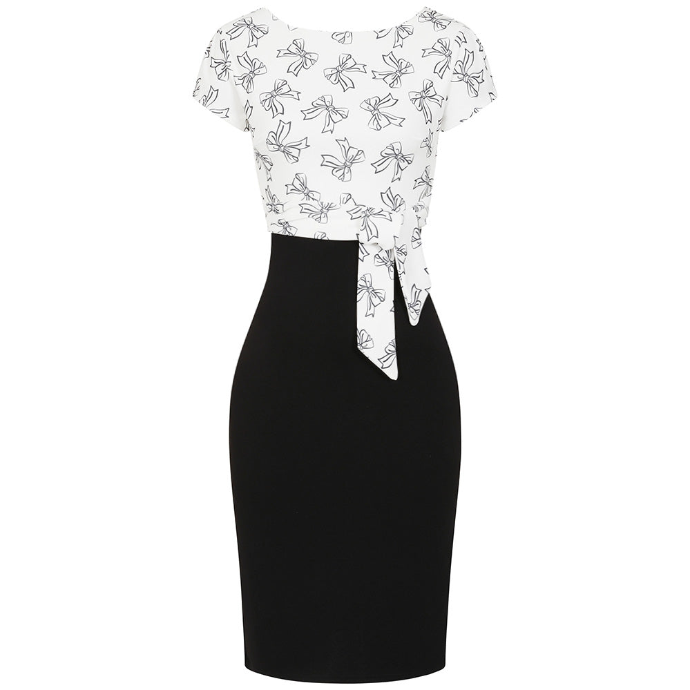 White And Black Bow Print Tie Front Bodycon Midi Dress
