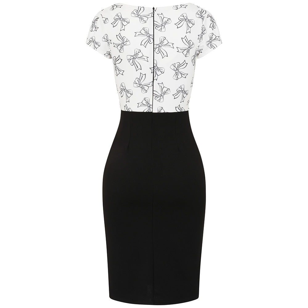 White And Black Bow Print Tie Front Bodycon Midi Dress