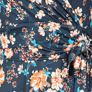 Navy Multi Floral Print 3/4 Sleeve Crossover Vintage Swing Dress