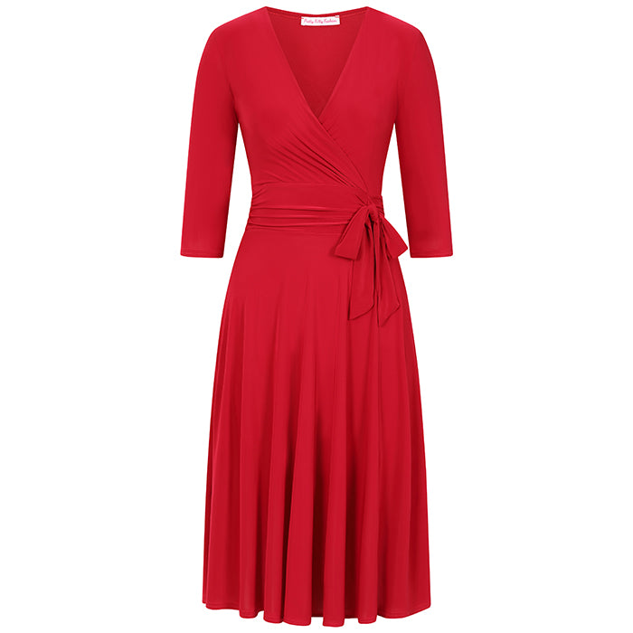 Red 3/4 Sleeve Wrap Top Vintage Swing Dress