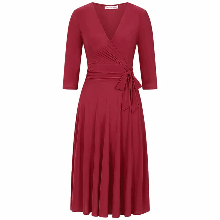 Red 3/4 Sleeve Wrap Top Vintage Swing Dress