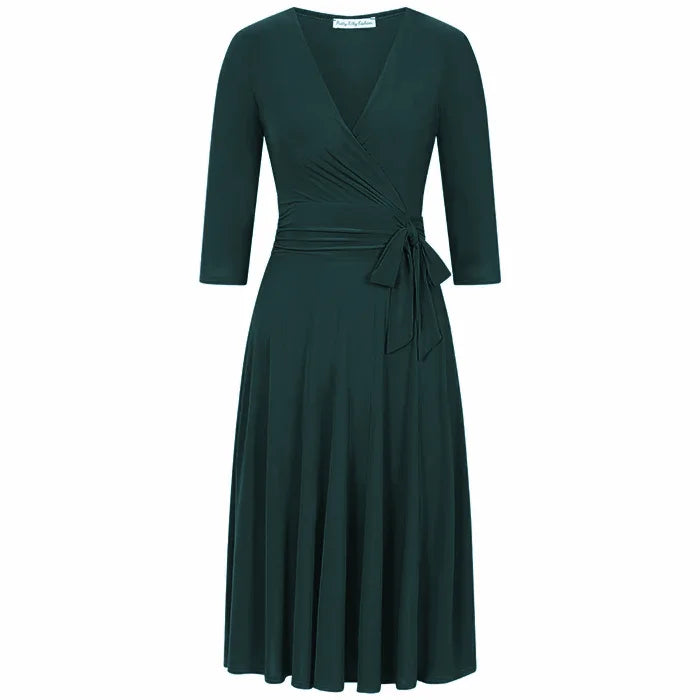 Forest Green 3/4 Sleeve Wrap Top Vintage Swing Dress