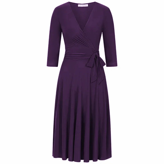 Aubergine Purple 3/4 Sleeve Wrap Top Vintage Swing Dress