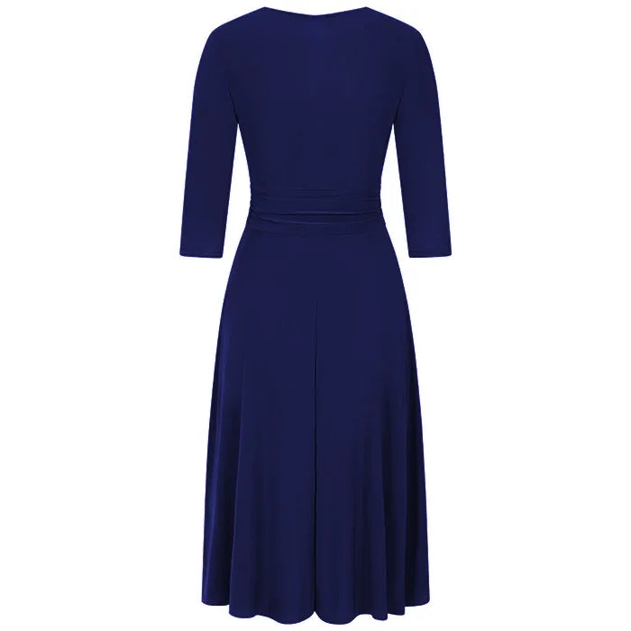 Navy Blue 3/4 Sleeve Wrap Top Vintage Swing Dress