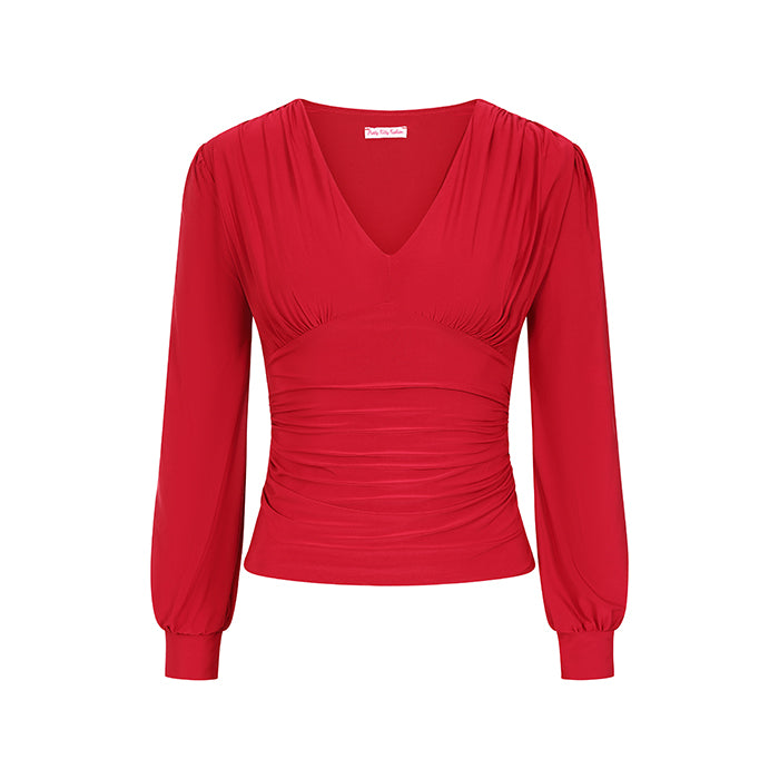 Red Long Sleeve Gathered V Neck Top