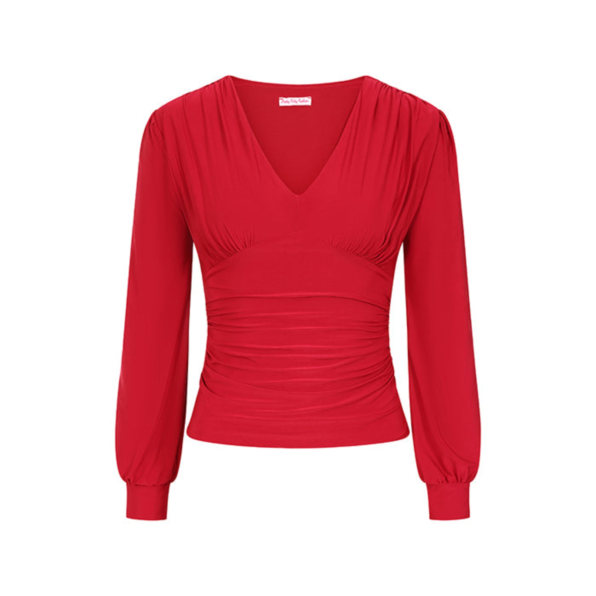 Red Long Sleeve Gathered V Neck Top