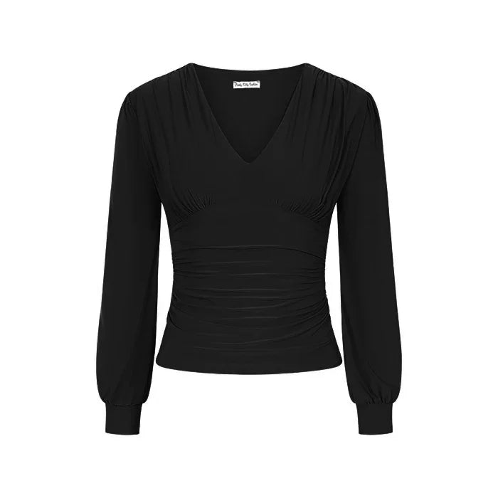 Black Long Sleeve Gathered V Neck Top
