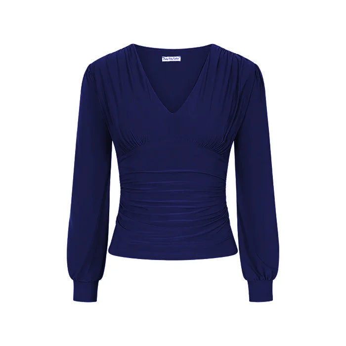 Navy Blue Long Sleeve Gathered V Neck Top