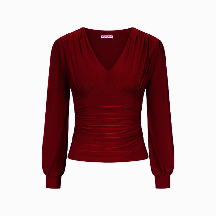 Wine Red Long Sleeve Gathered V Neck Top