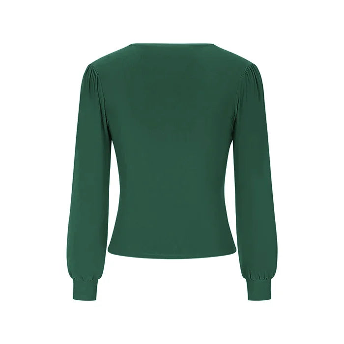 Forest Green Long Sleeve Gathered V Neck Top