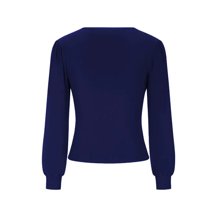 Navy Blue Long Sleeve Gathered V Neck Top