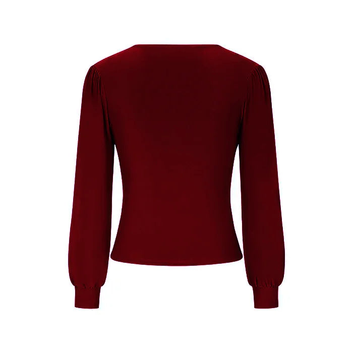 Wine Red Long Sleeve Gathered V Neck Top