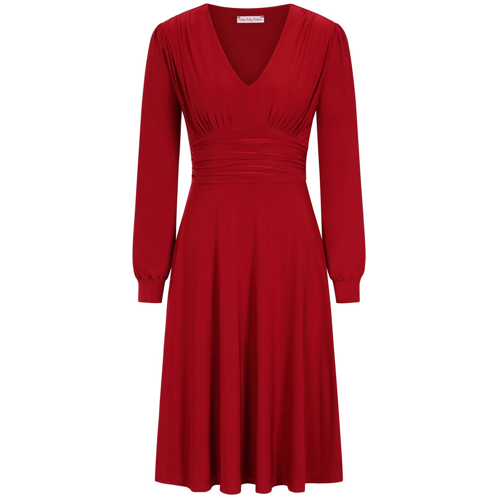 Slinky Red Long Sleeve Ruched Deep V Neck Dress