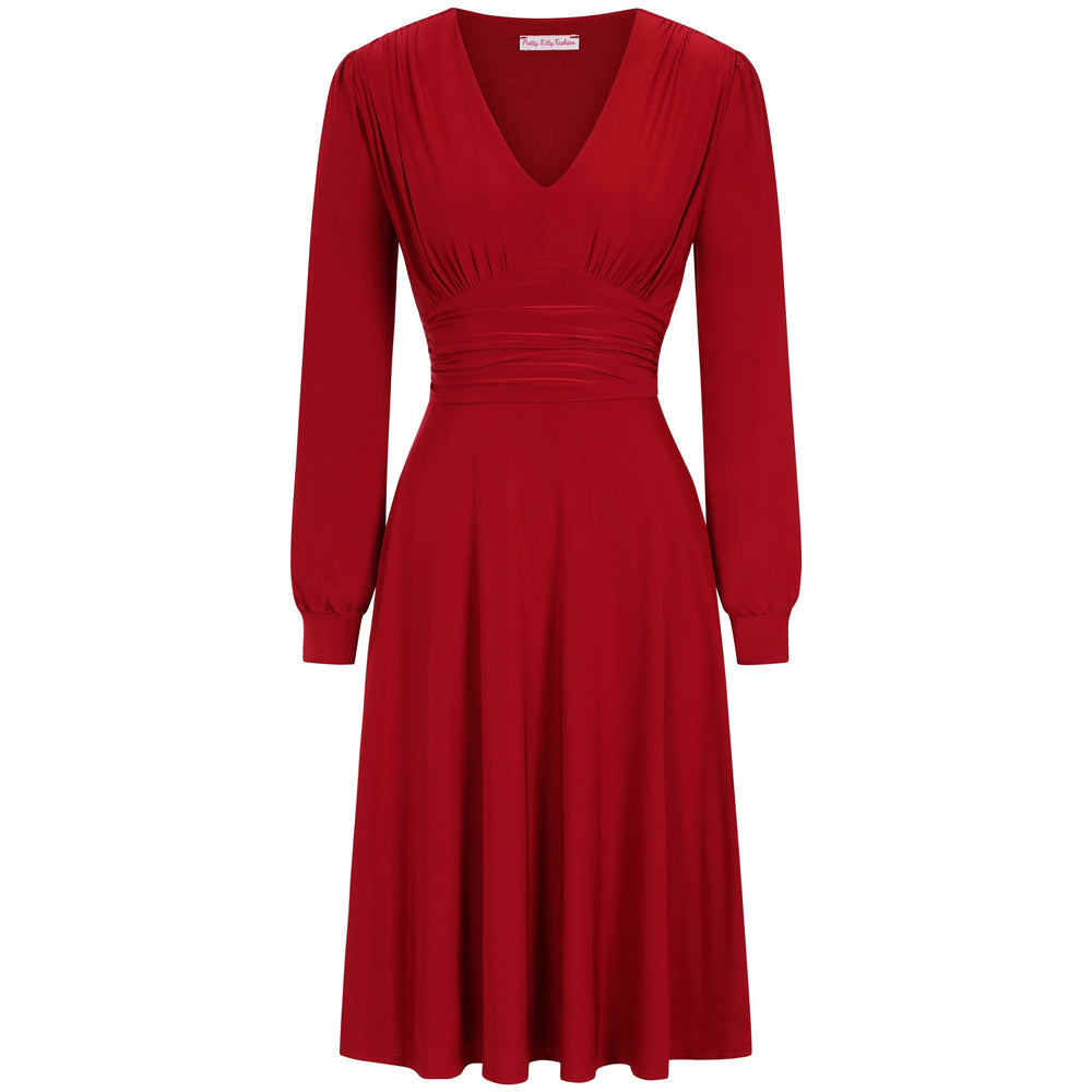 Slinky Red Long Sleeve Ruched Deep V Neck Dress