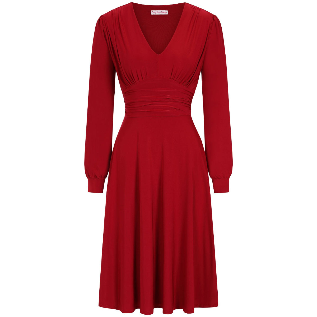 A red long sleeve ruched deep V-neck dress with a knee-length skirt.