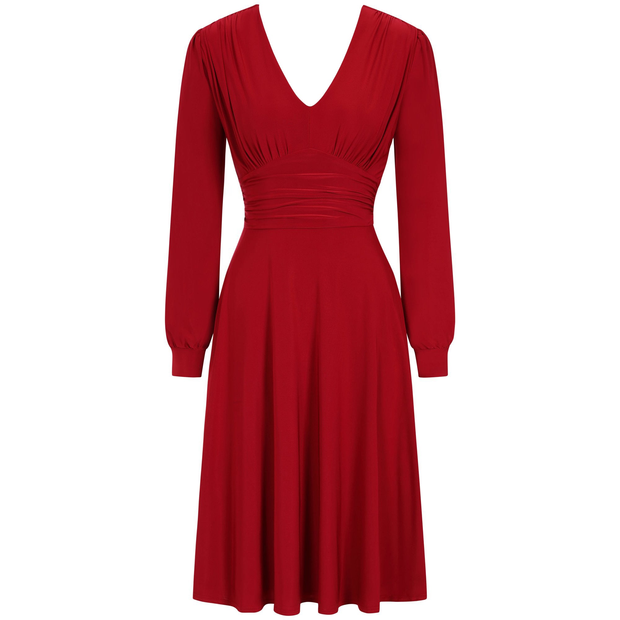 Slinky Red Long Sleeve Ruched Deep V Neck Dress