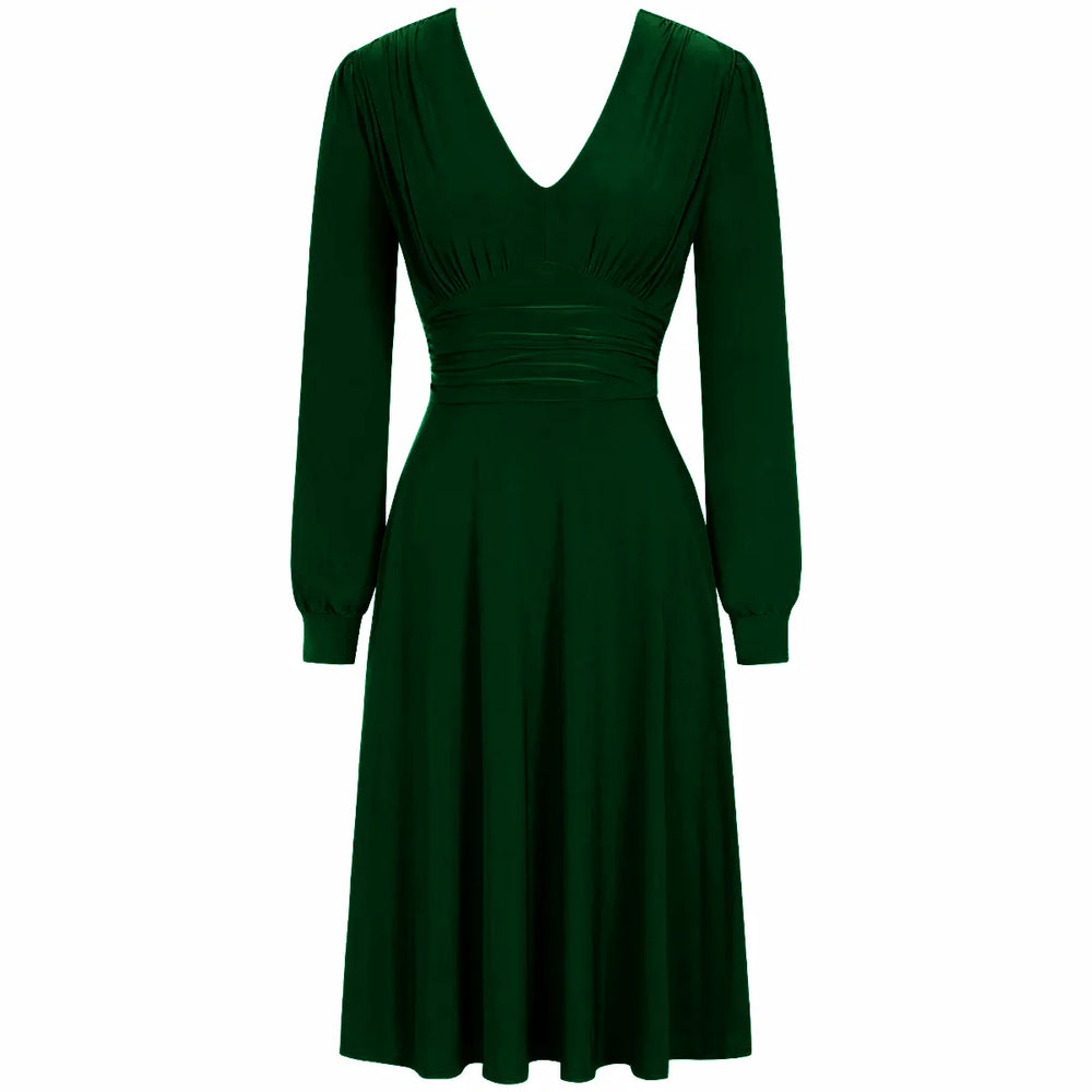 Forest Green Long Sleeve Ruched Deep V Neck Dress