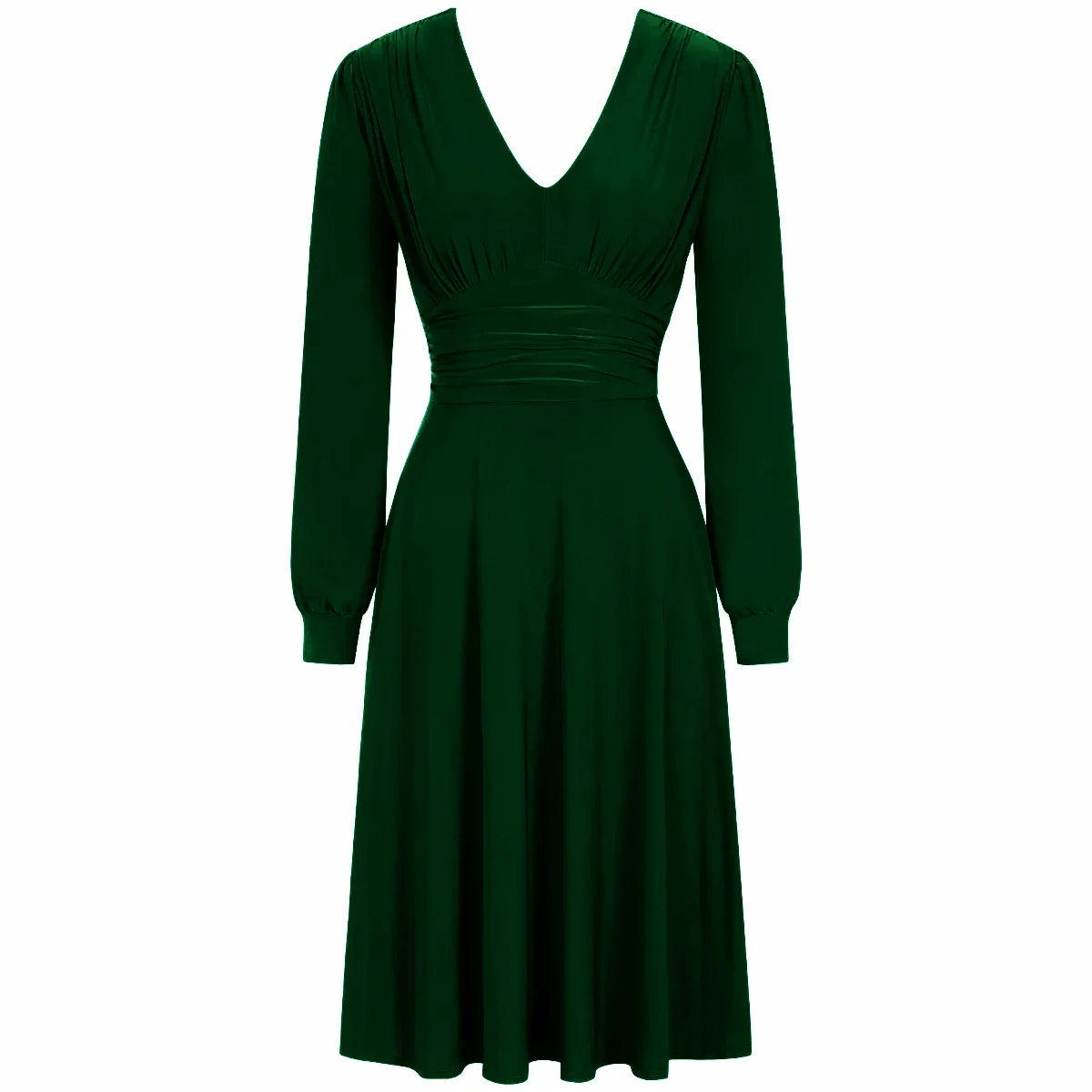 Forest Green Long Sleeve Ruched Deep V Neck Dress