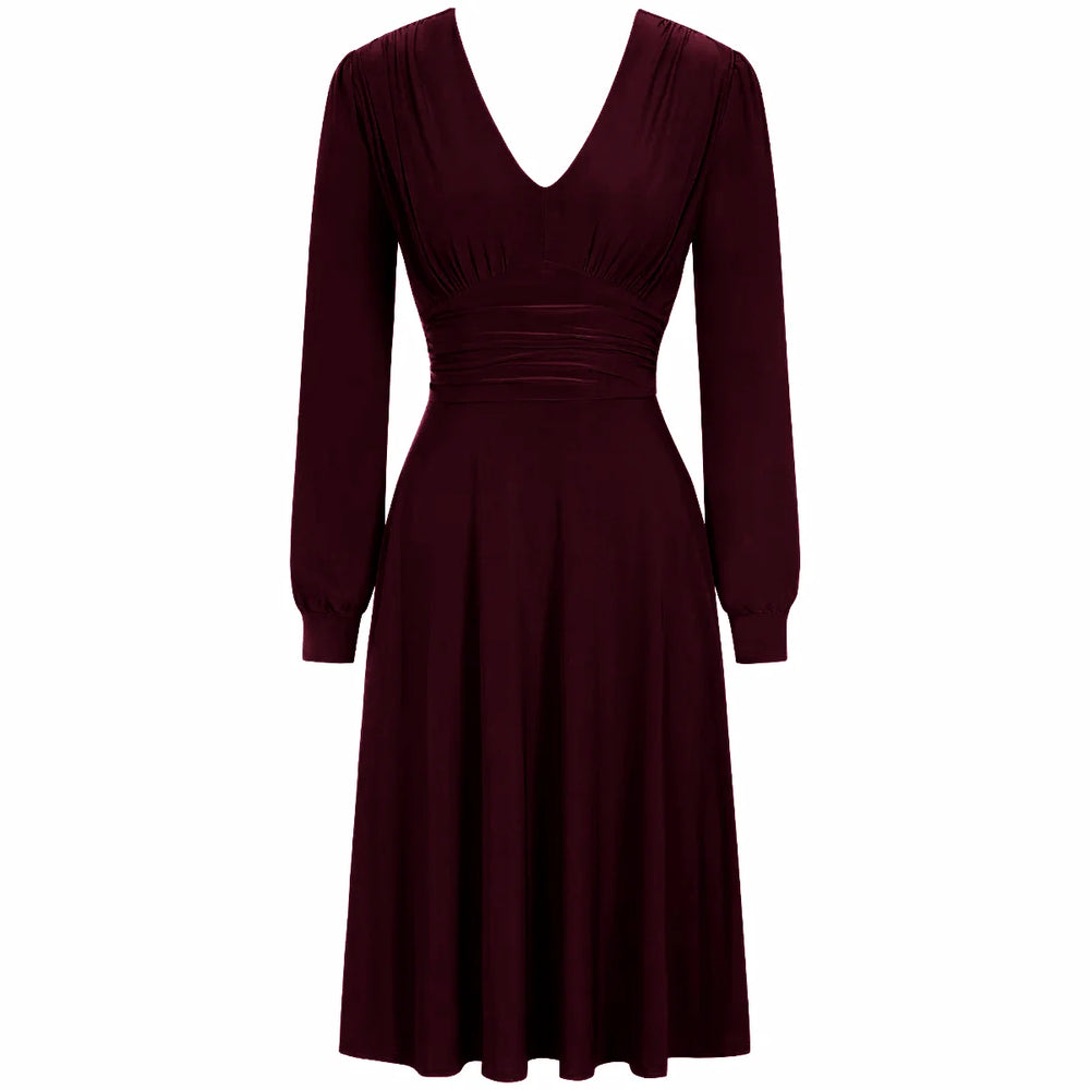 Aubergine Purple Long Sleeve Ruched Deep V Neck Dress