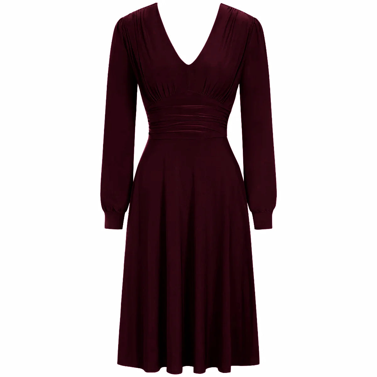 Aubergine Purple Long Sleeve Ruched Deep V Neck Dress