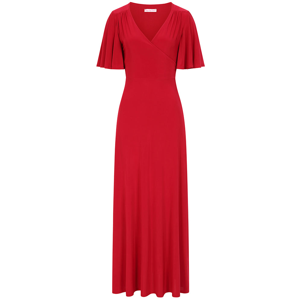 Red Waterfall Sleeve Cocktail Maxi Dress