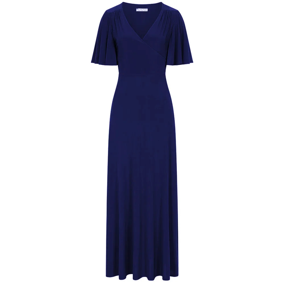 Navy Blue Waterfall Sleeve Cocktail Maxi Dress