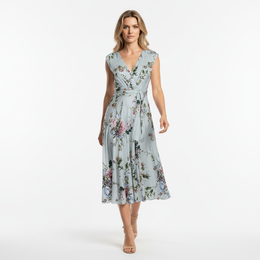 Light Blue Floral V Neck Crossover Top Empire Waist Swing Dress