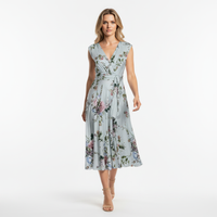 Light Blue Floral V Neck Crossover Top Empire Waist Swing Dress