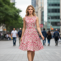 Ivory And Red Multi Coloured Blossom Sleeveless 50s Swing Dress with Pockets