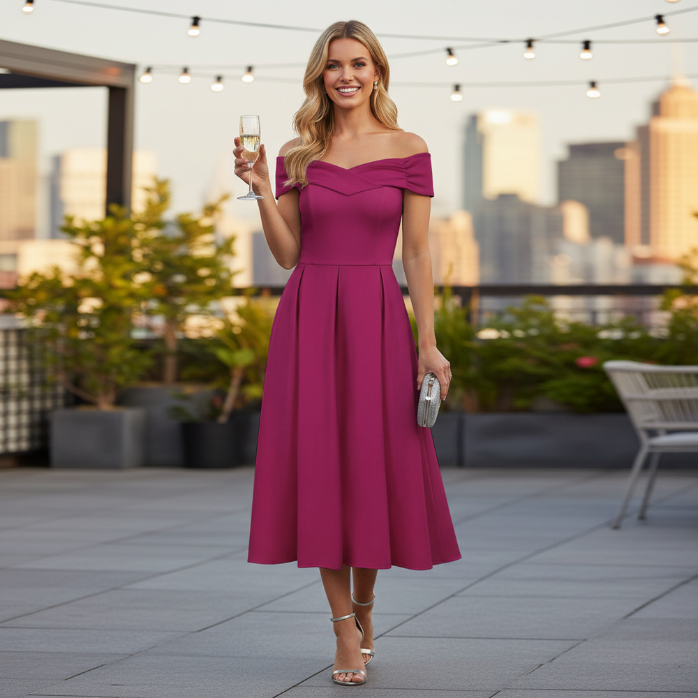 Amaranth Bardot Off Shoulder 50s Swing Dress