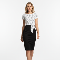 White And Black Bow Print Tie Front Bodycon Midi Dress