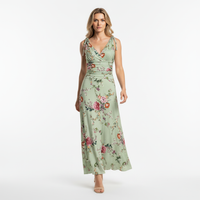 Sage Green Floral Print Slinky Summer Maxi Dress