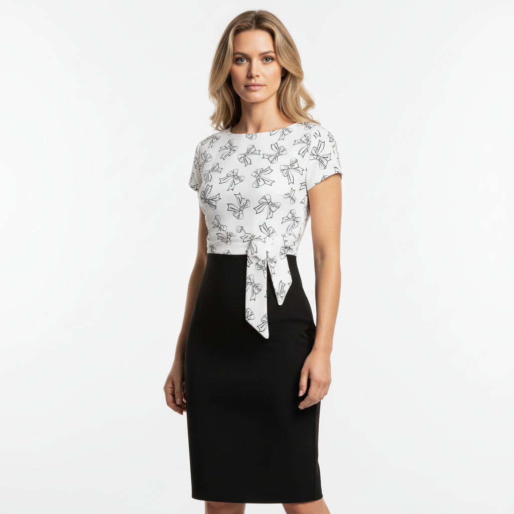 White And Black Bow Print Tie Front Bodycon Midi Dress