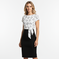 White And Black Bow Print Tie Front Bodycon Midi Dress