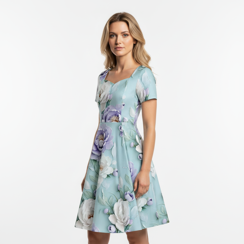 Mint Green Floral 50s Swing Dress with Sweetheart Neckline and Short Sleeves