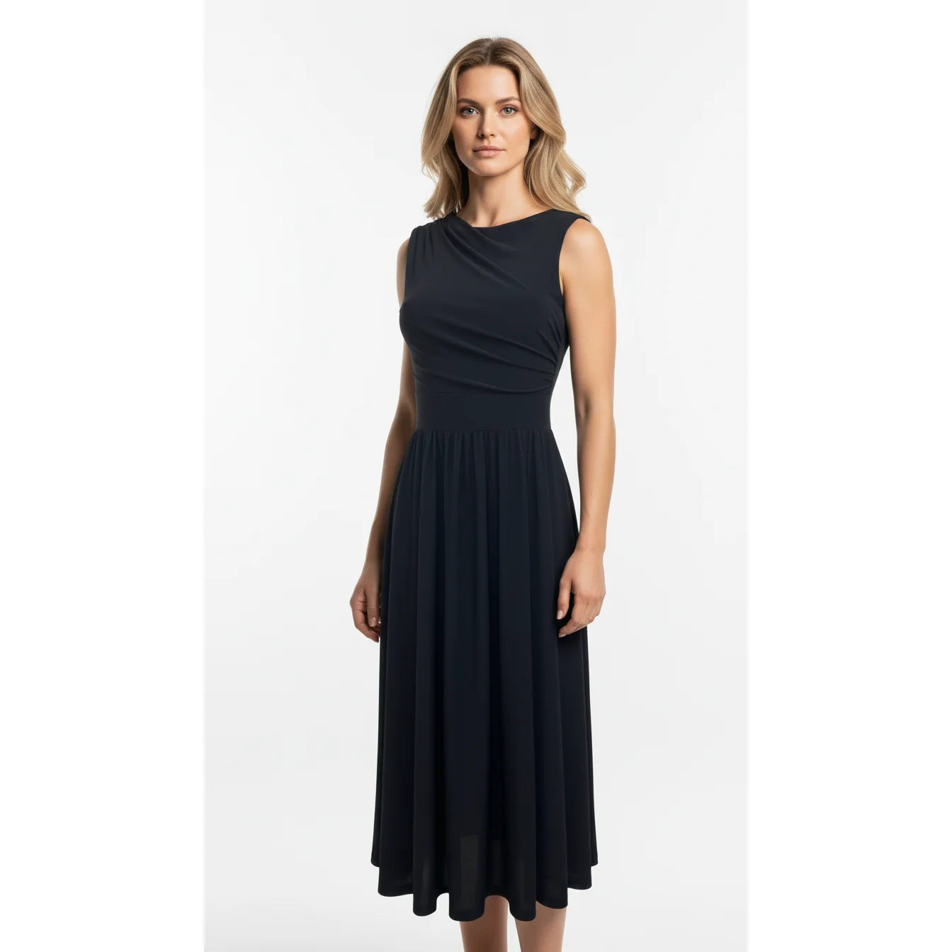 Black Sleeveless High Neck Ruched Cocktail Party Dress - ADD LENGTH