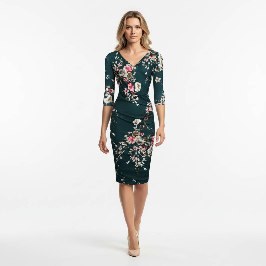 Forest Green Floral Print 40s 3/4 Sleeve Wiggle Wrap Dress